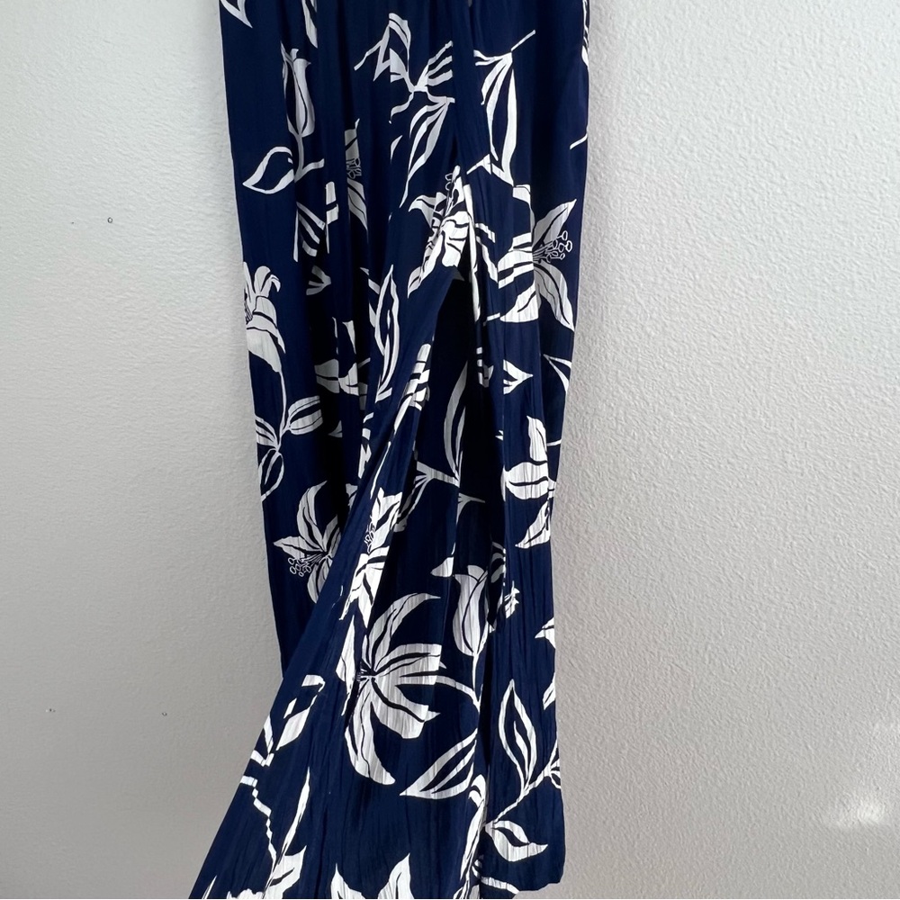 Angie Dark Blue and White Patterned Wide leg Open Front Pants - Picture 3 of 5